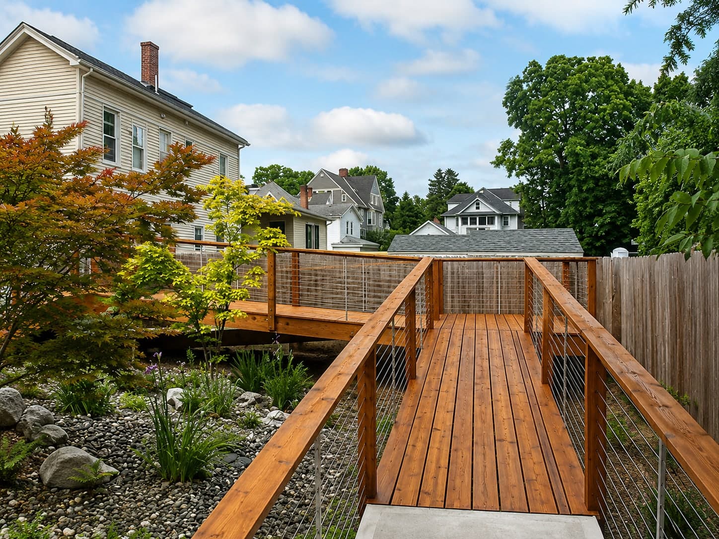 Restored deck walkway with re-stained boards and a cable rail running through a planted garden
