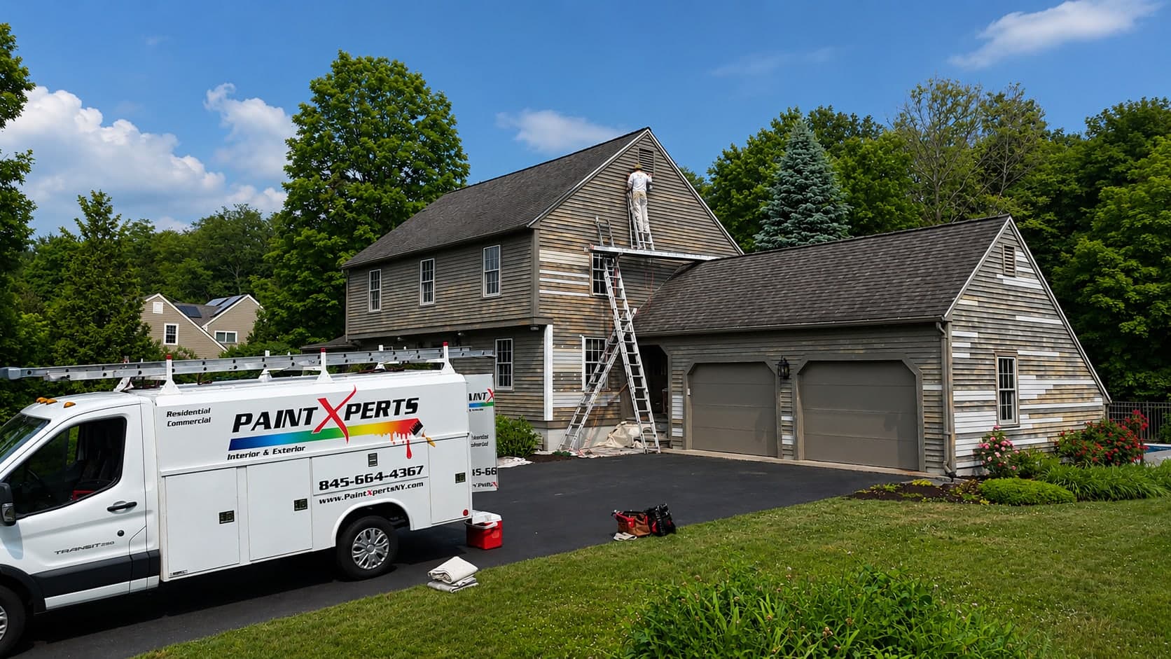 PaintXperts van on site at a weathered shingle colonial, painter on a ladder working the gable