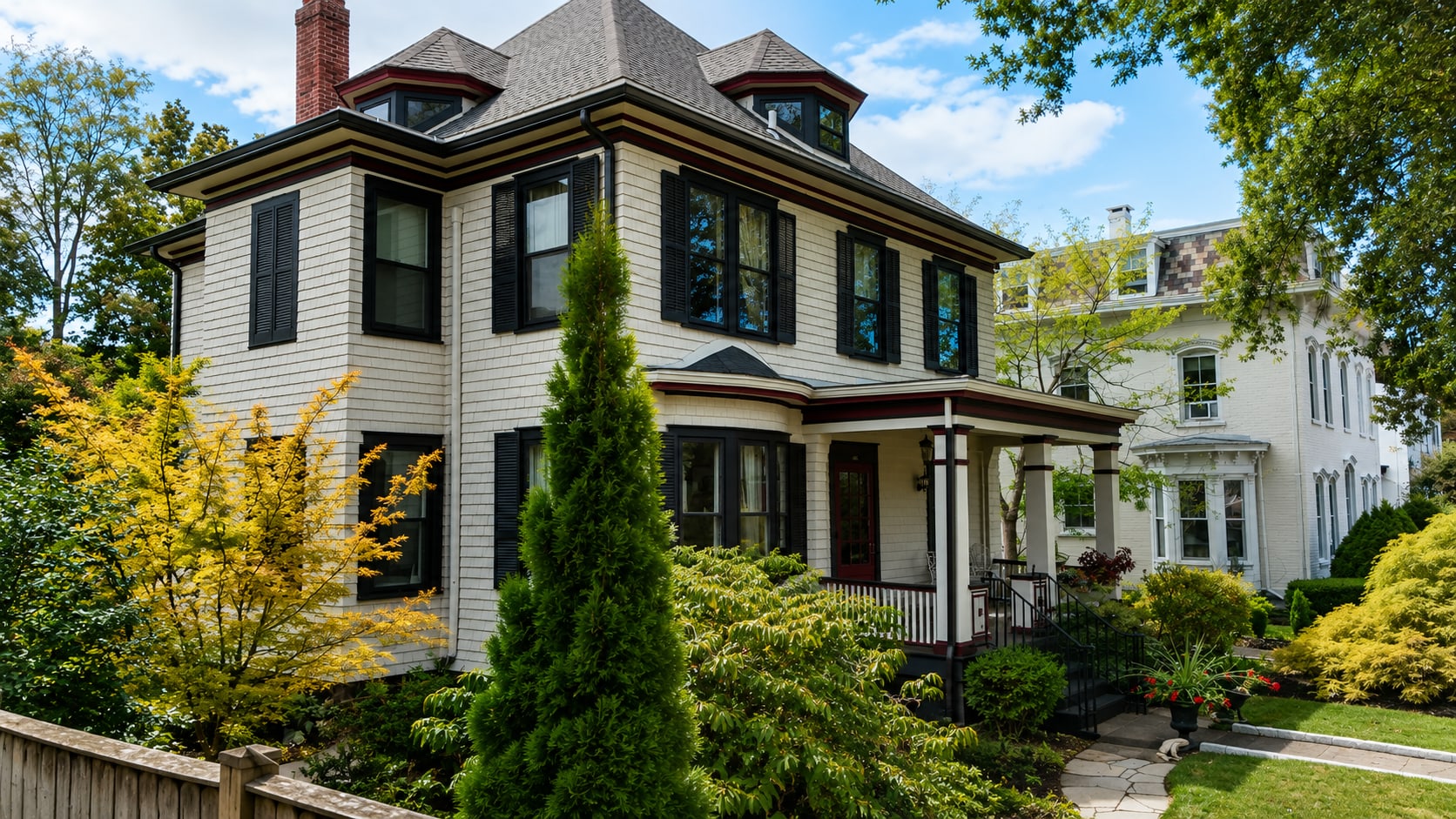 Queen Anne Victorian repainted, with the porch detail and window surrounds picked out in white