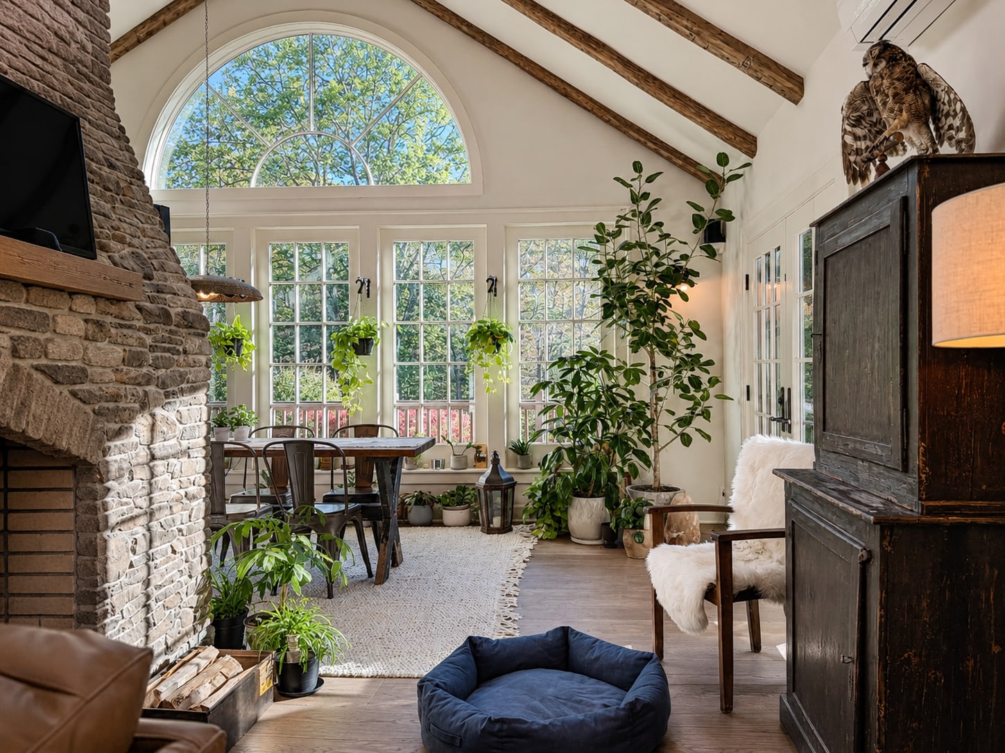 Vaulted living room with painted walls, exposed timber beams and a stone chimney breast